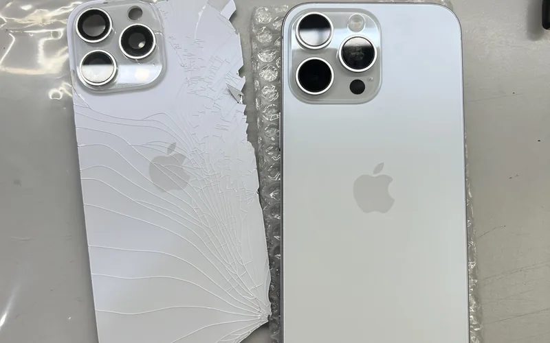 iPhone 16 Pro Max 拆下的整片破裂舊背蓋與新背蓋並排對照，舊背蓋裂痕從右下角放射