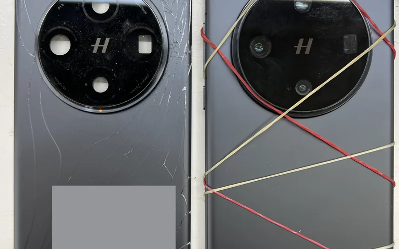 OPPO Find X8 Pro 拆下的破裂舊背蓋與換上新背蓋後以橡皮筋固定的機身並排對照